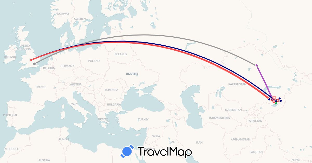 TravelMap itinerary: driving, bus, plane, train, hiking in United Kingdom, Kazakhstan (Asia, Europe)